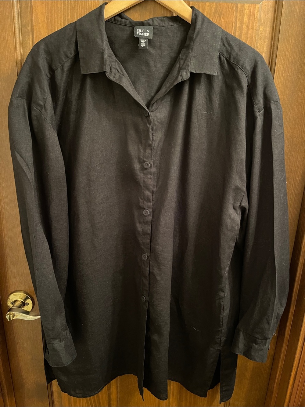 Eileen Fisher Black Long-Sleeve Irish Linen Button-Down Shirt Size Large